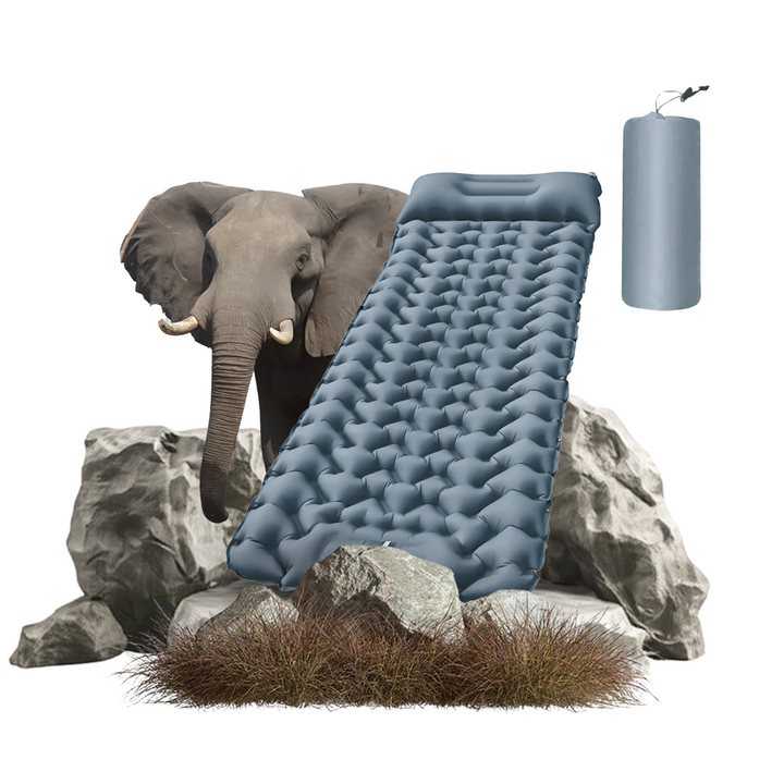 "Compact ultralight sleeping pad in Elephant Gray, perfect for camping and travel, folds small for easy packing."