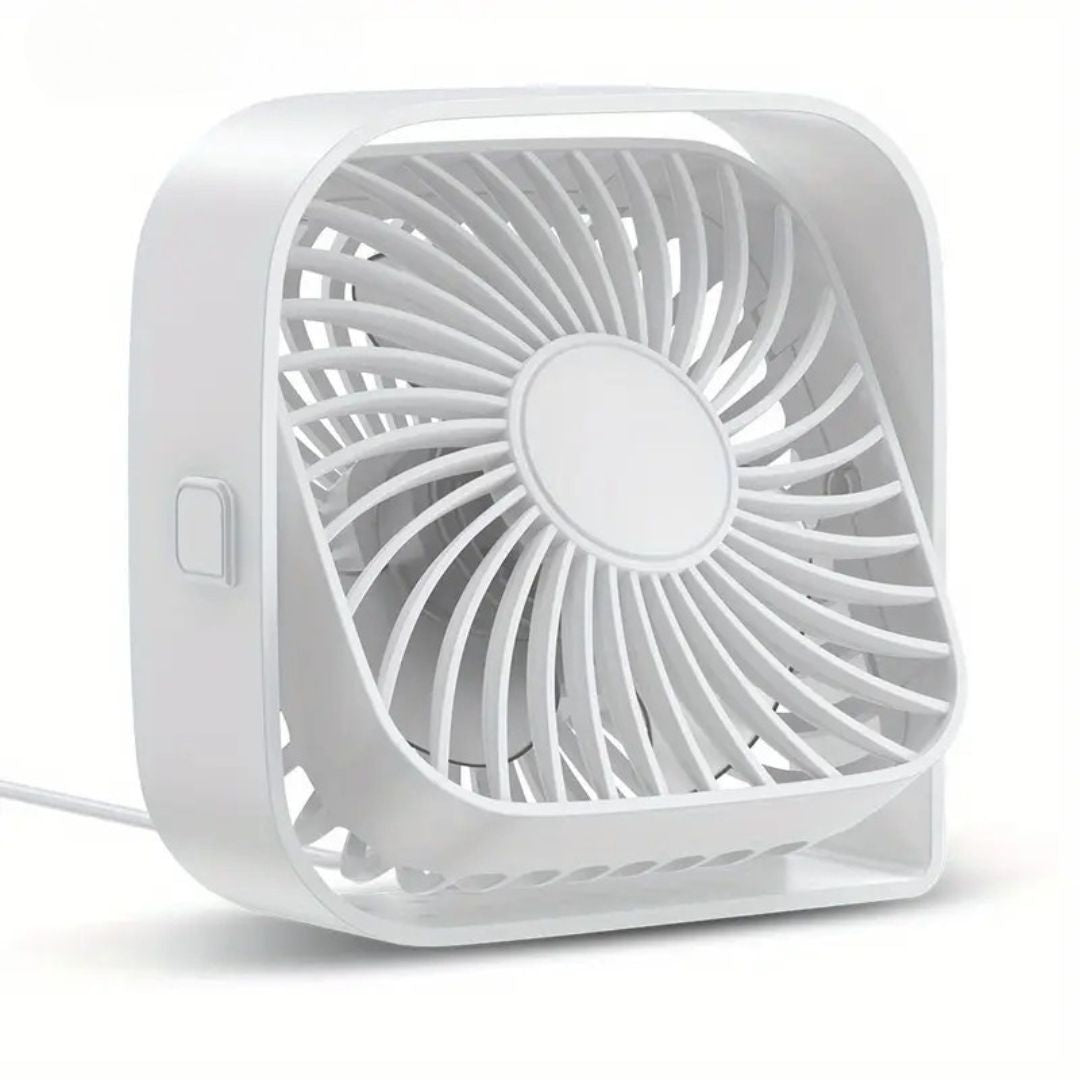 "Compact USB desk fan with 360° rotation, mini size, black frame, adjustable 3-speed settings, ideal for workspace."