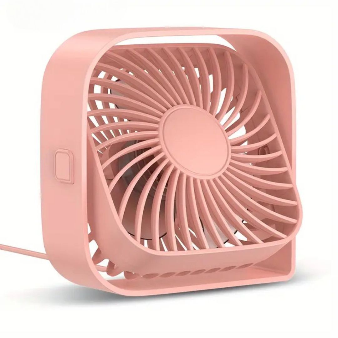 "Compact USB desk fan with 360° rotation, mini size, black frame, adjustable 3-speed settings, ideal for workspace."