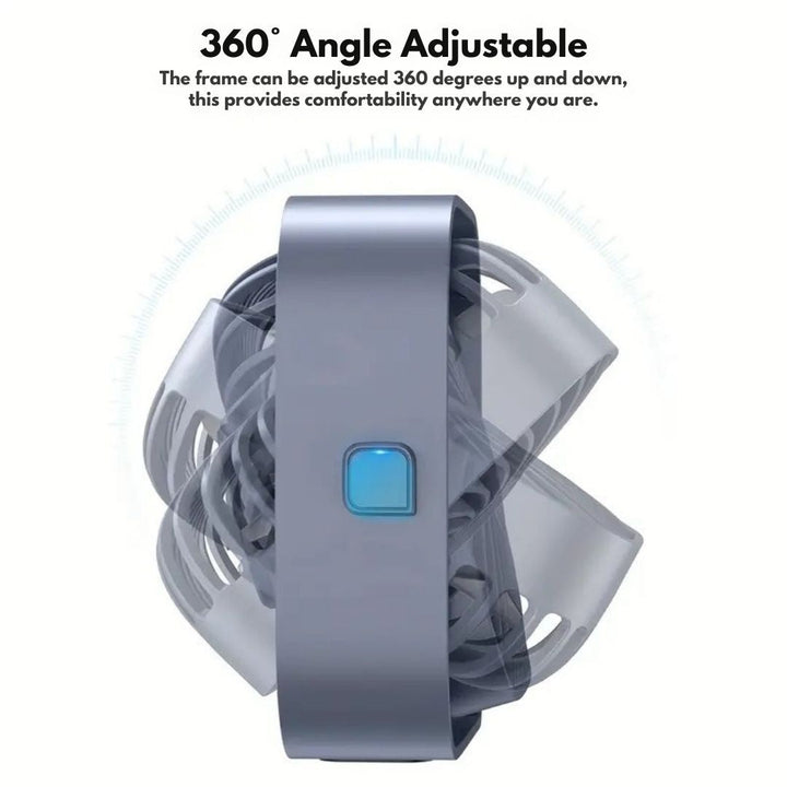 "Compact USB desk fan with 360° rotation, mini size, black frame, adjustable 3-speed settings, ideal for workspace."