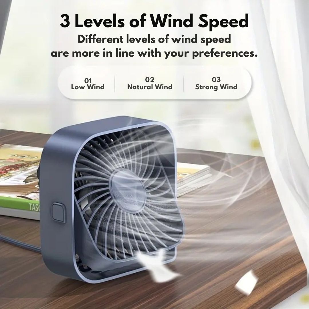 "Compact USB desk fan with 360° rotation, mini size, black frame, adjustable 3-speed settings, ideal for workspace."