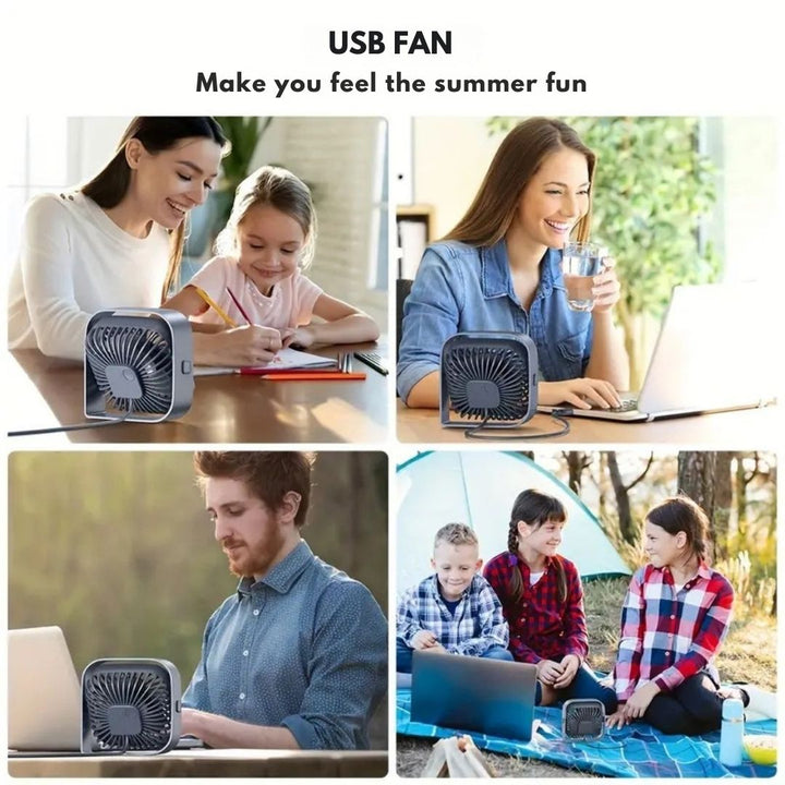 "Compact USB desk fan with 360° rotation, mini size, black frame, adjustable 3-speed settings, ideal for workspace."