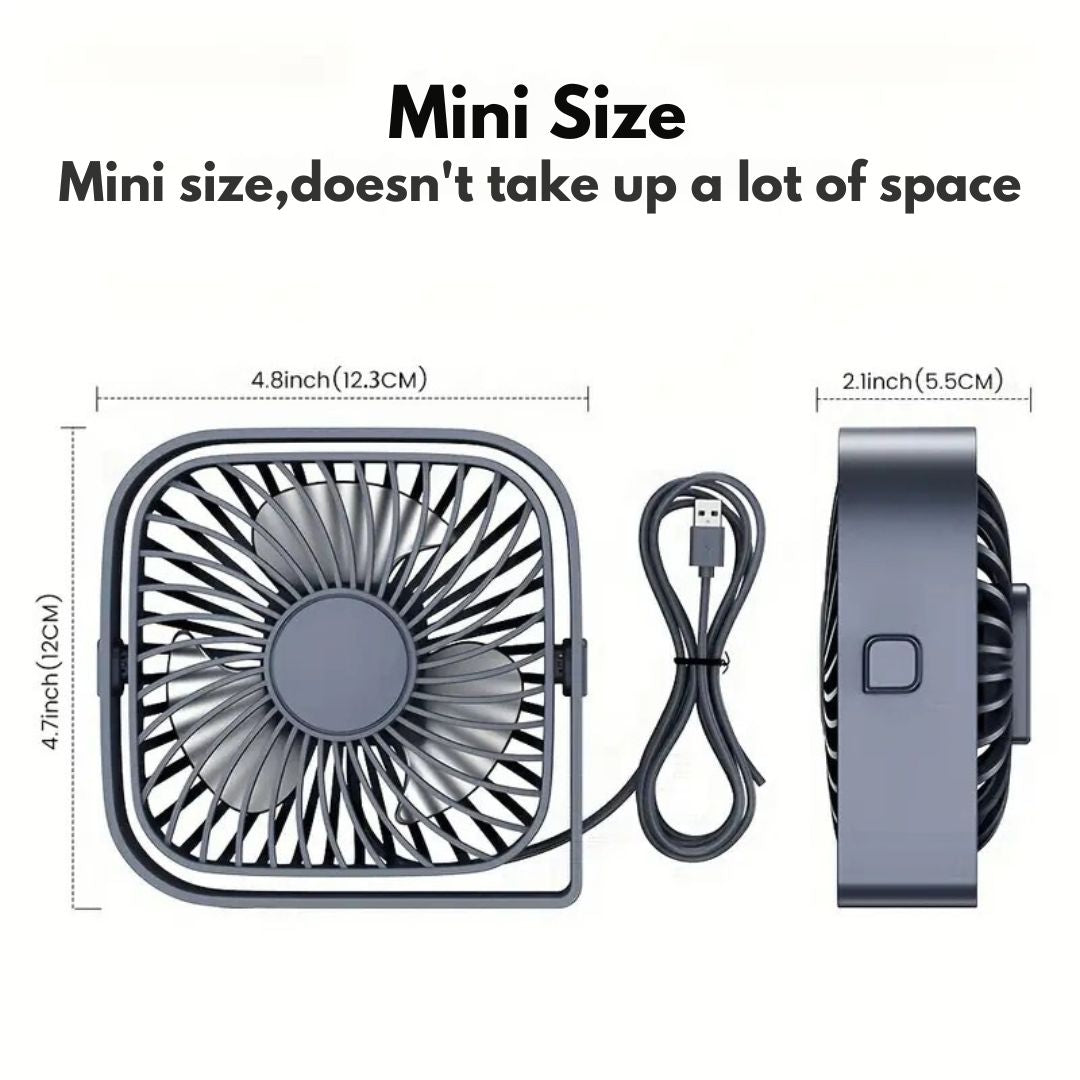 "Compact USB desk fan with 360° rotation, mini size, black frame, adjustable 3-speed settings, ideal for workspace."