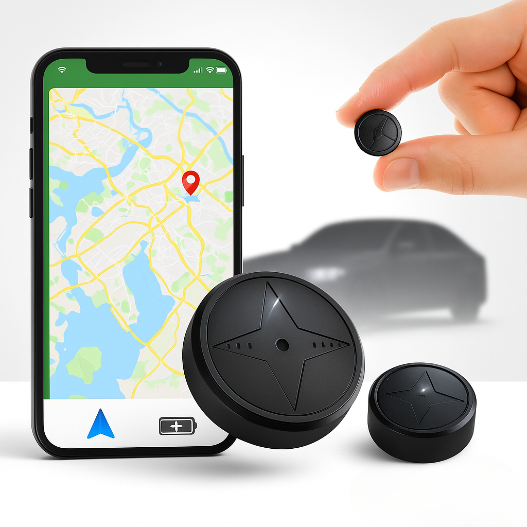 "Compact vehicle GPS tracker with magnetic mount, sleek black design, real-time tracking, weather-resistant for all condition