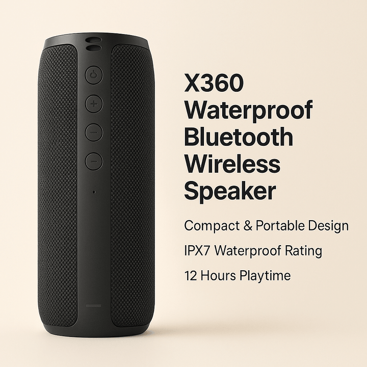 "Compact waterproof Bluetooth wireless speaker; sleek black design, portable, ideal for indoor and outdoor use."