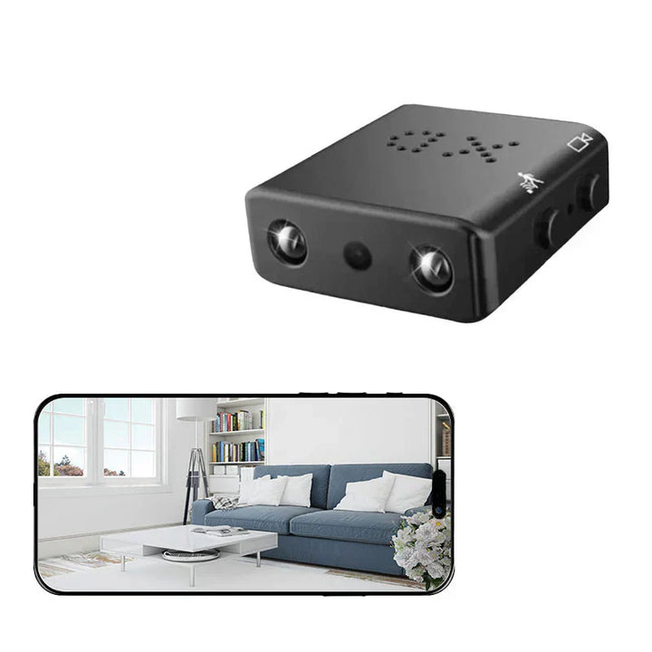 Compact Wifi Micro HD video camera with audio, coin-sized, sleek design, offers 1080p resolution and wireless connectivity.