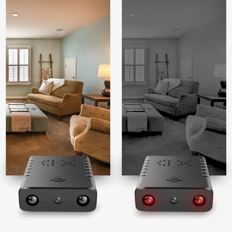 Compact Wifi Micro HD video camera with audio, coin-sized, sleek design, offers 1080p resolution and wireless connectivity.