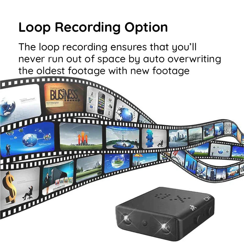 Compact Wifi Micro HD video camera with audio, coin-sized, sleek design, offers 1080p resolution and wireless connectivity.