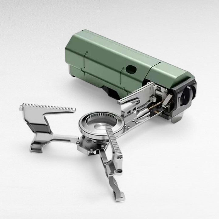 Compact windproof camping gas stove with foldable design, perfect for outdoor use; fits easily into backpacks for adventure.