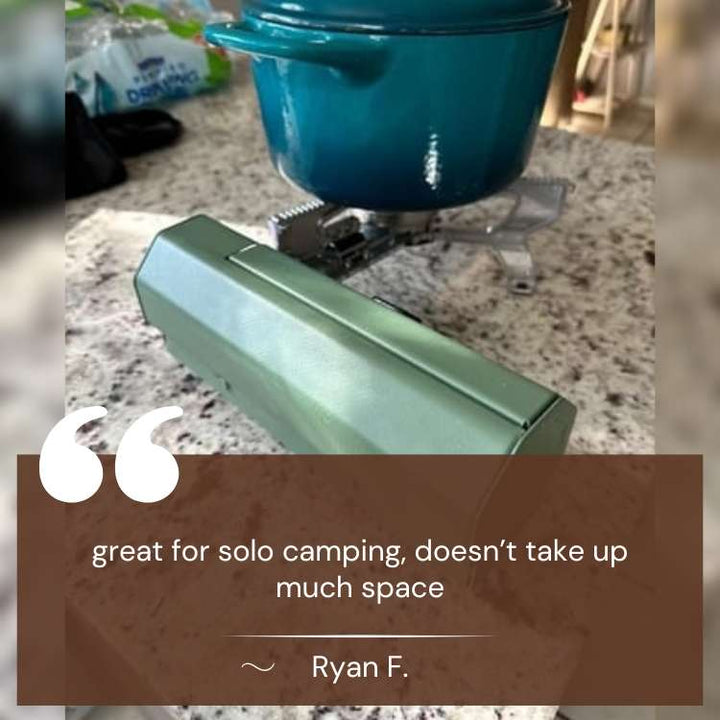 Compact windproof camping gas stove with foldable design, perfect for outdoor use; fits easily into backpacks for adventure.