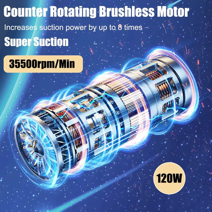 Compact wireless car vacuum cleaner with handle and nozzle for powerful, portable cleaning; sleek design, perfect for vehicle