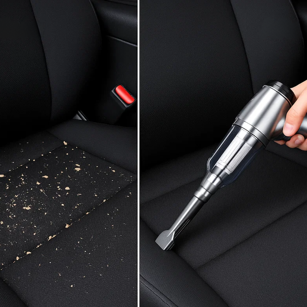 Compact wireless car vacuum cleaner with handle and nozzle for powerful, portable cleaning; sleek design, perfect for vehicle