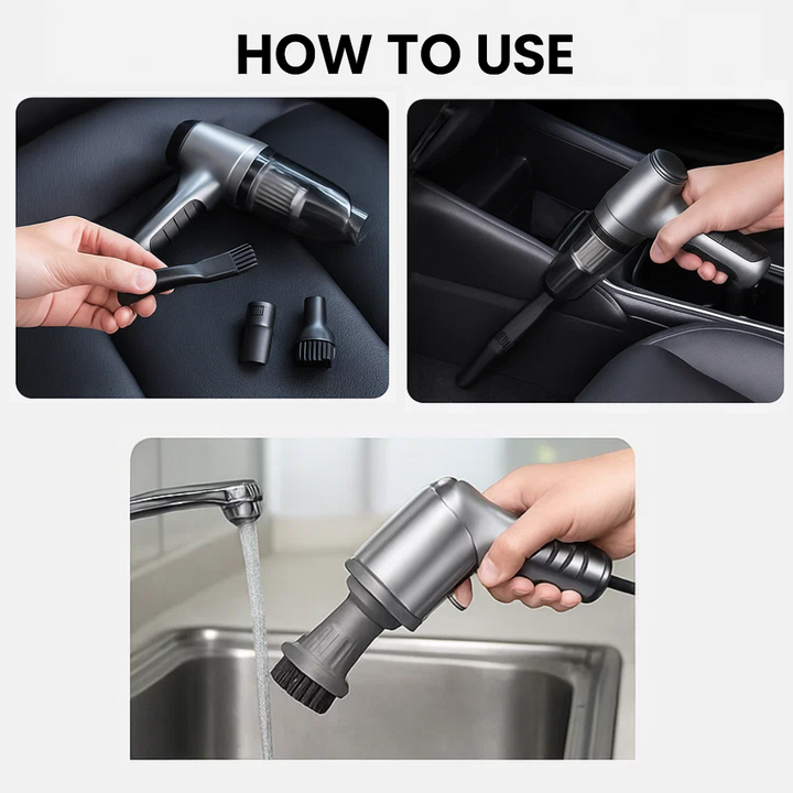 Compact wireless car vacuum cleaner with handle and nozzle for powerful, portable cleaning; sleek design, perfect for vehicle