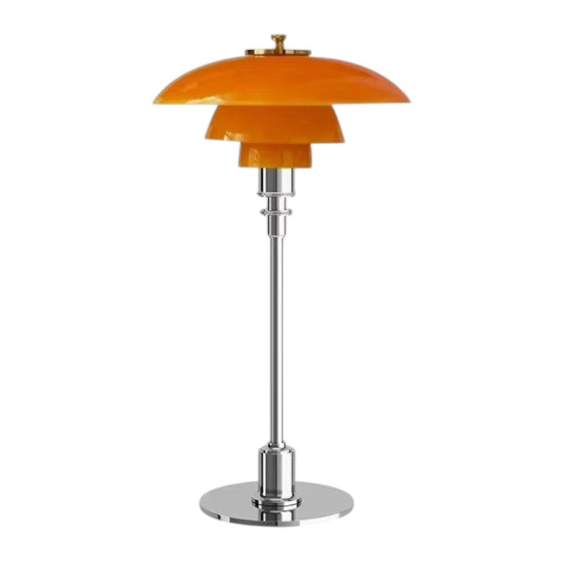 Contemporary Danish designer table lamp with warm LED light, sleek Scandinavian form, amber finish, and premium glass.