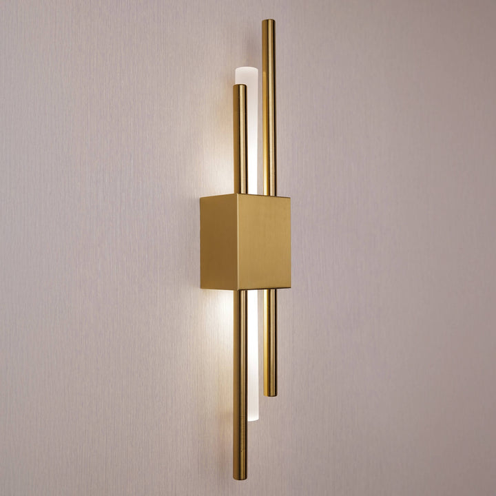 "Contemporary frosted glass wall lamp with dual lights, gold finish, featuring Italian-inspired design and soft illumination.