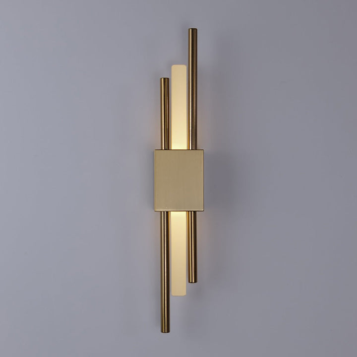 "Contemporary frosted glass wall lamp with dual lights, gold finish, featuring Italian-inspired design and soft illumination.