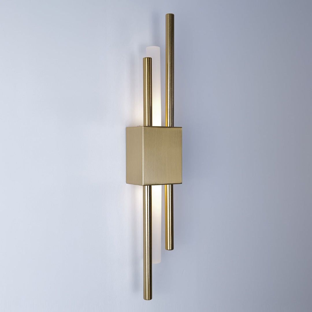 "Contemporary frosted glass wall lamp with dual lights, gold finish, featuring Italian-inspired design and soft illumination.