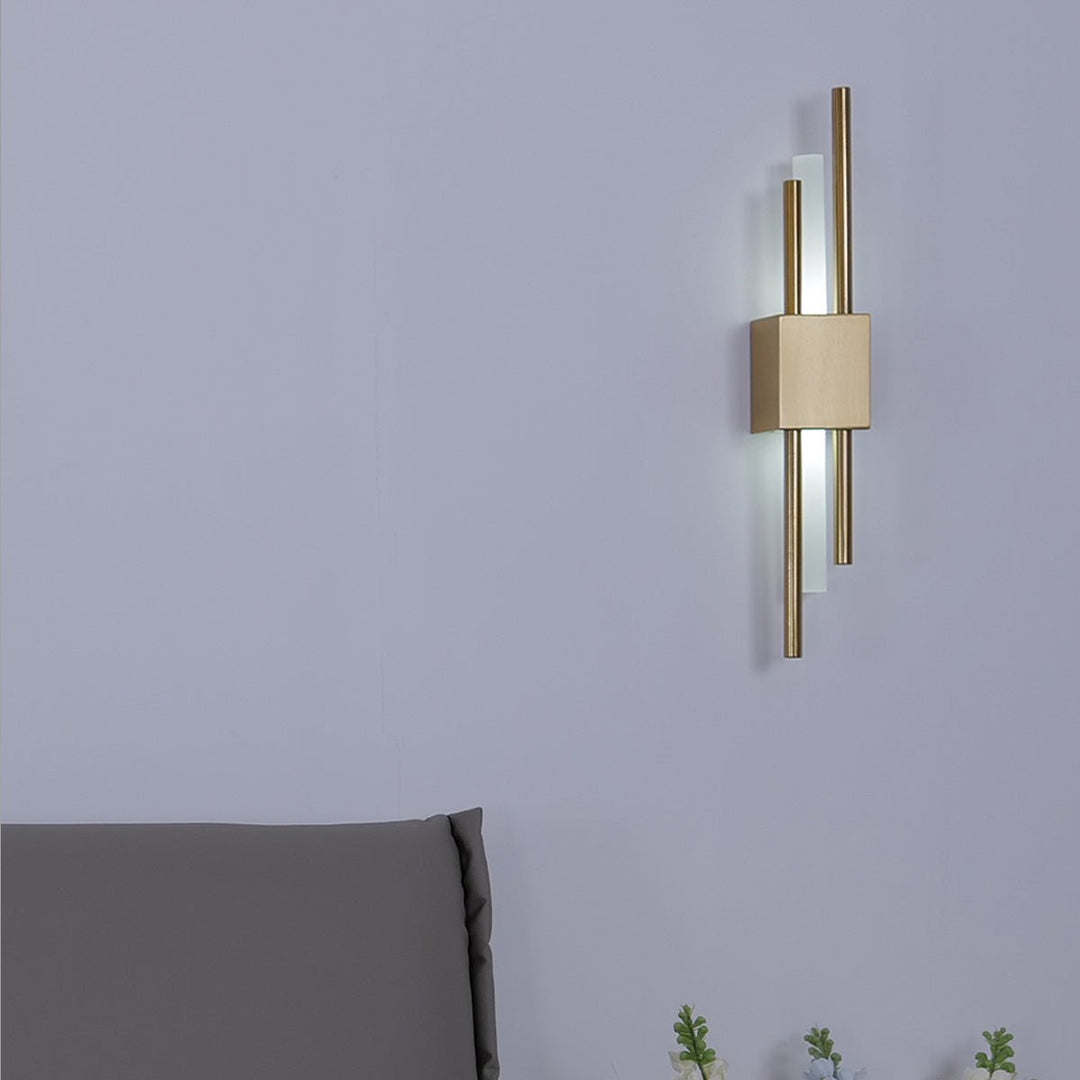 "Contemporary frosted glass wall lamp with dual lights, gold finish, featuring Italian-inspired design and soft illumination.