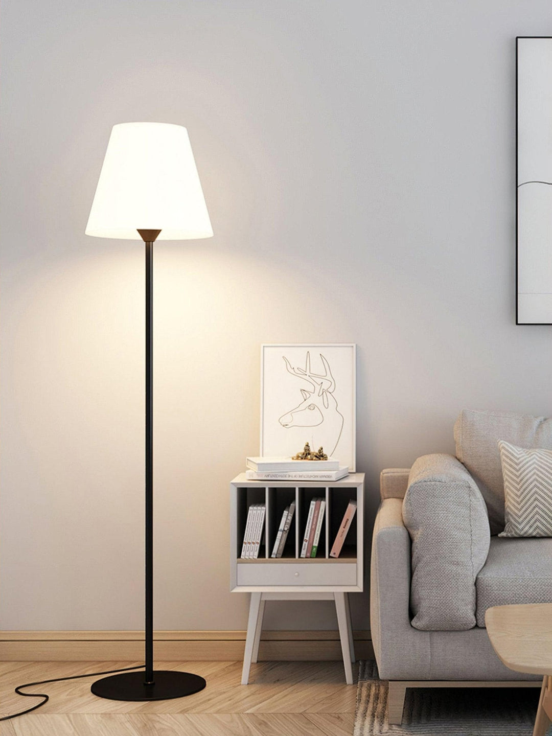 "Contemporary metal and acrylic floor-standing lamp with sleek lines, modern flair, perfect for home decor lighting."