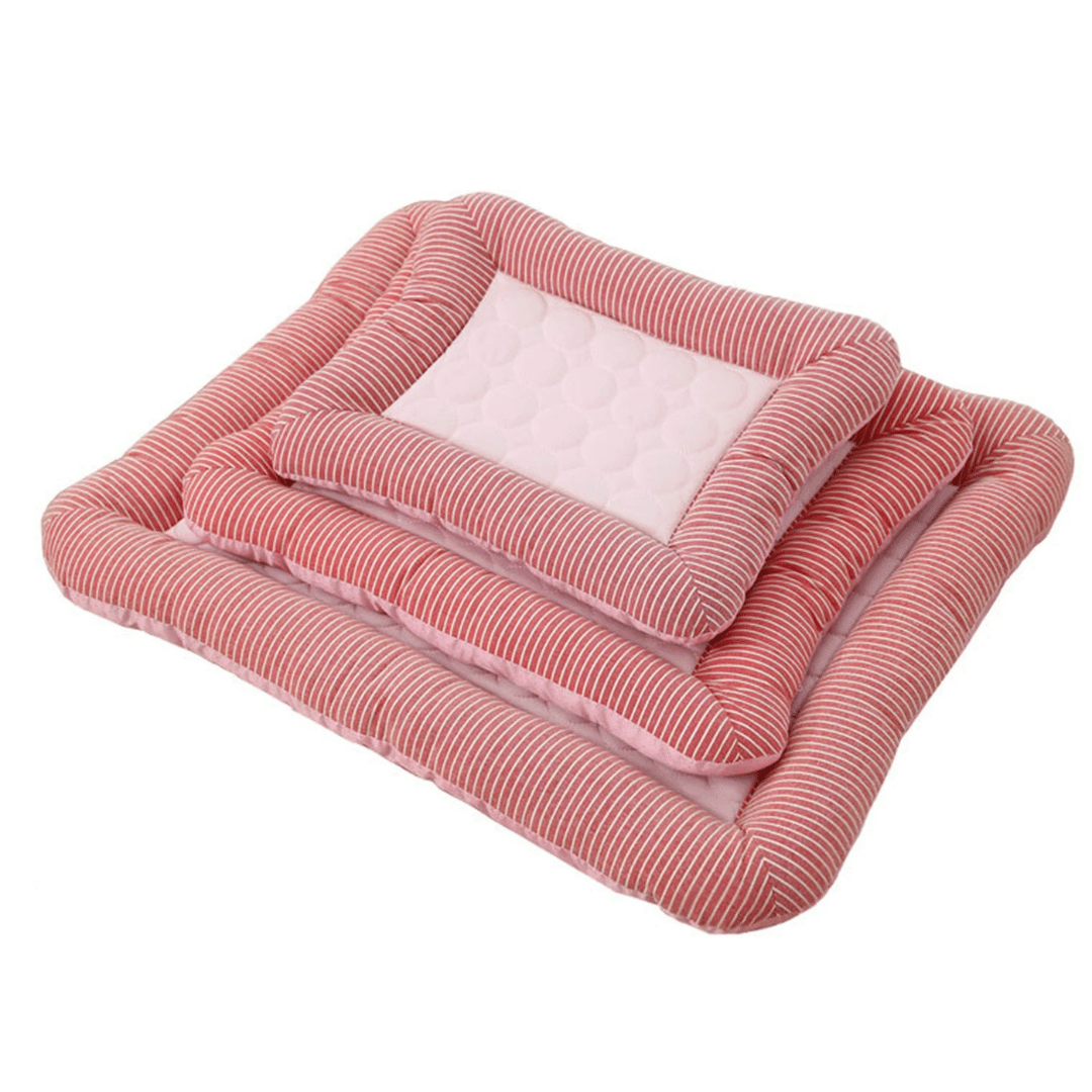 Cooling dog bed cushion with ice silk fabric, ideal for summer. Machine washable, non-slip, available in multiple sizes.