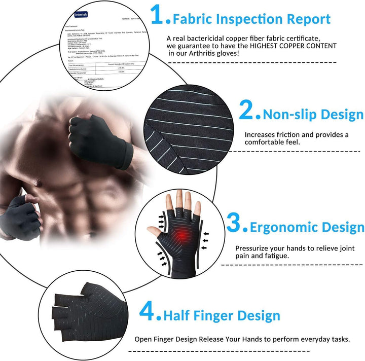 "Copper infused fingerless compression gloves for arthritis, offers warmth and breathability, ideal for relief and comfort."