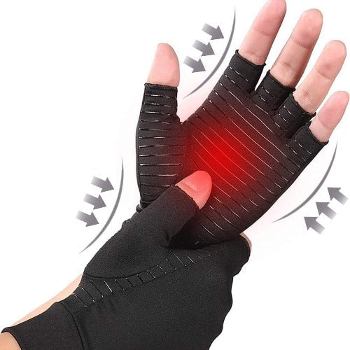 "Copper infused fingerless compression gloves for arthritis, offers warmth and breathability, ideal for relief and comfort."