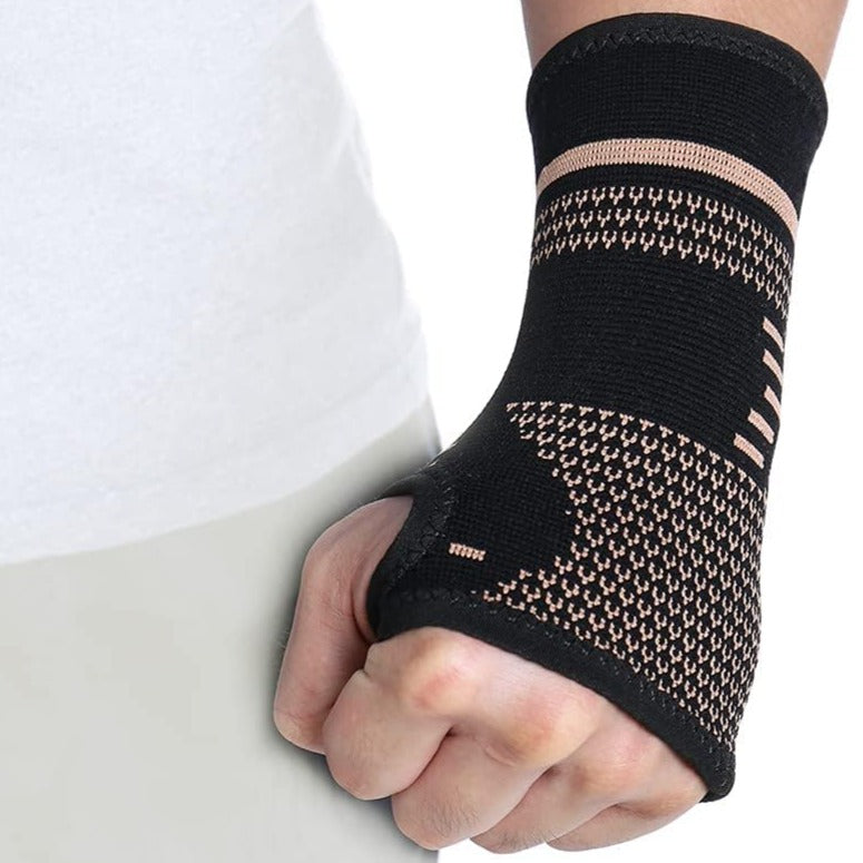 "Copper wrist brace for pain relief, unisex, ergonomic design, copper-infused fabric, available in small, medium, large sizes