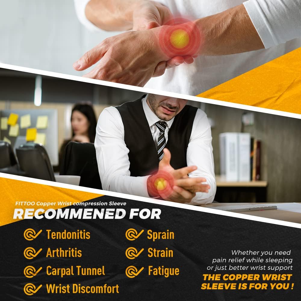 "Copper wrist brace for pain relief, unisex, ergonomic design, copper-infused fabric, available in small, medium, large sizes