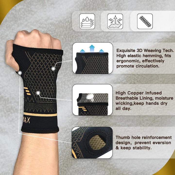 "Copper wrist brace for pain relief, unisex, ergonomic design, copper-infused fabric, available in small, medium, large sizes