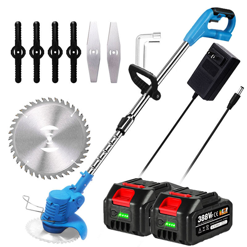 Cordless electric grass trimmer with adjustable telescopic rod, multi-angle head, and detachable wheels for easy lawn care.
