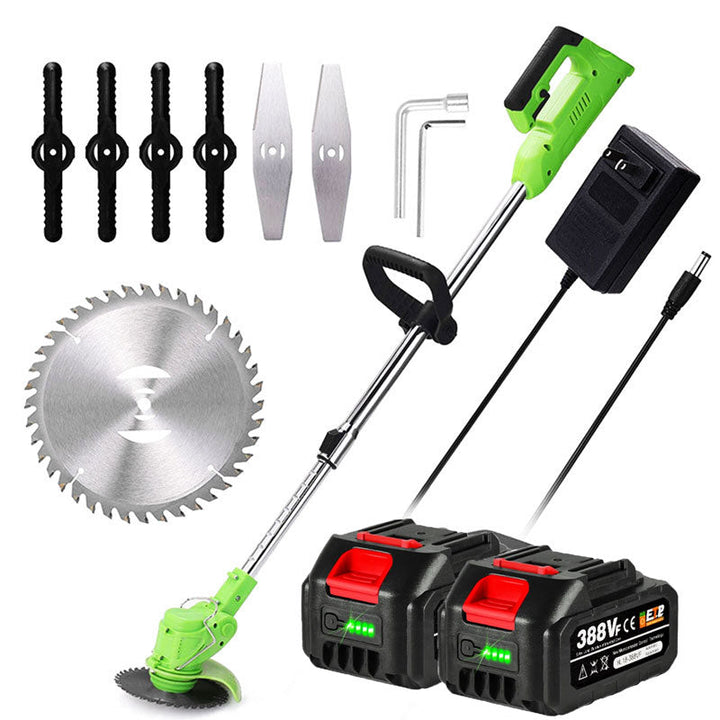 Cordless electric grass trimmer with adjustable telescopic rod, multi-angle head, and detachable wheels for easy lawn care.
