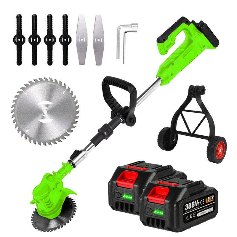 Cordless electric grass trimmer with adjustable telescopic rod, multi-angle head, and detachable wheels for easy lawn care.