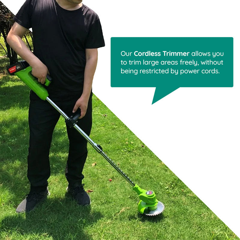 Cordless electric grass trimmer with adjustable telescopic rod, multi-angle head, and detachable wheels for easy lawn care.