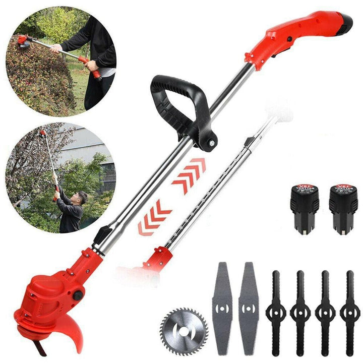 Cordless lightweight electric weed eater in use, showcasing compact design and ergonomic features for easy garden maintenance