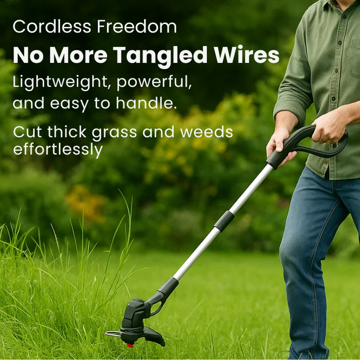 Cordless lightweight grass trimmer with ergonomic handle, high-power battery, and protective blade guard for efficient trimmi