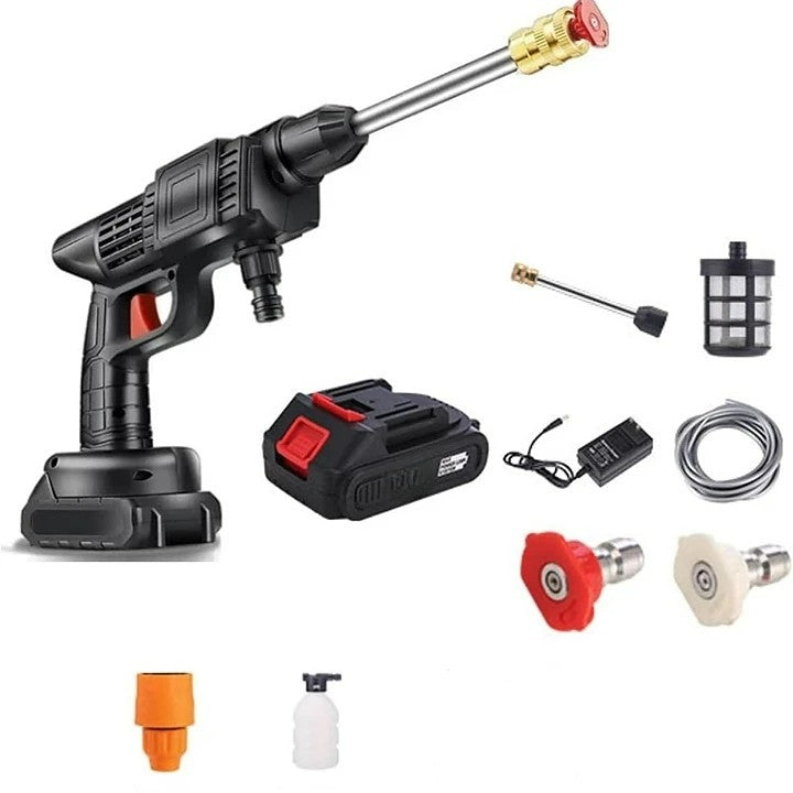 Cordless portable high pressure spray gun for cleaning, lightweight design, ideal for car, patio, and garden furniture wash.