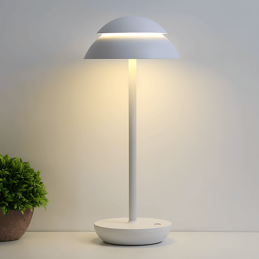"Cordless rechargeable modern table lamp with touch dimming, minimalist design in chic finishes like Black, Gold, and Walnut.