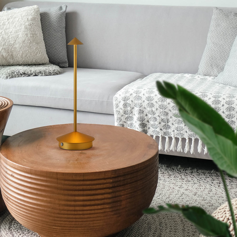 "Cordless rechargeable table lamp, sleek pine-like design, touch control, USB-powered, waterproof, dimmable LED lighting."
