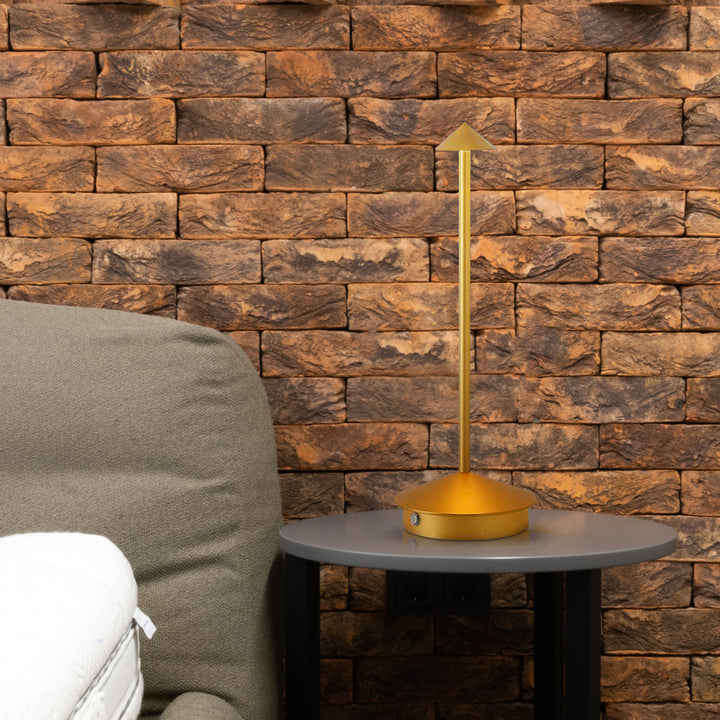 "Cordless rechargeable table lamp, sleek pine-like design, touch control, USB-powered, waterproof, dimmable LED lighting."