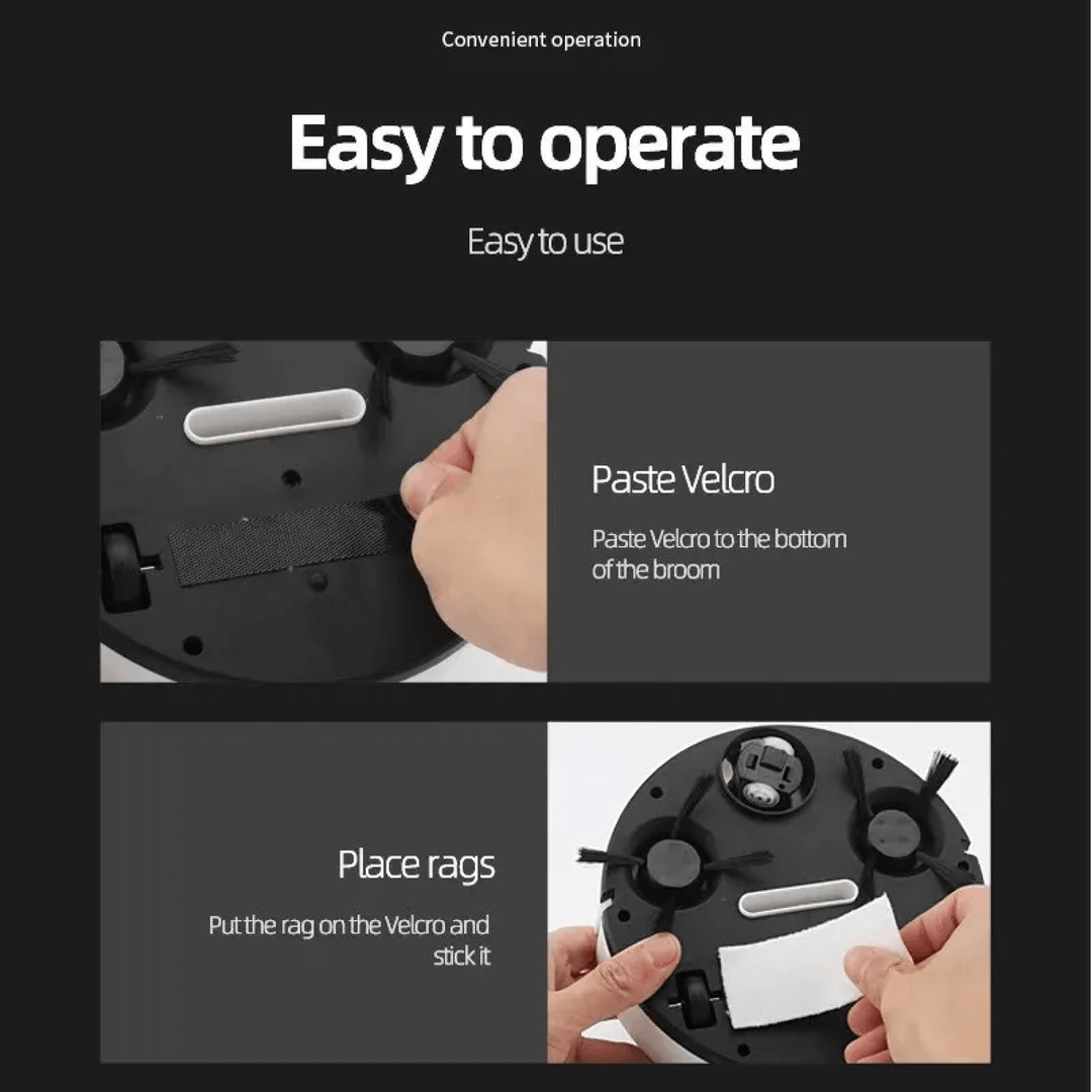Cordless robotic vacuum cleaner with smart navigation on wooden floor, showcasing three-in-one sweeping, vacuuming, mopping.