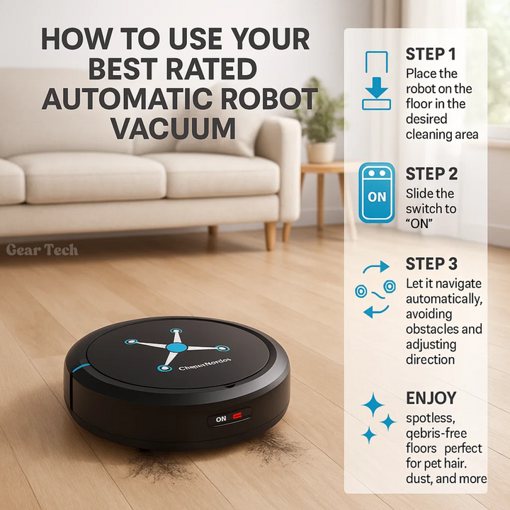 Cordless robotic vacuum cleaner with smart navigation on wooden floor, showcasing three-in-one sweeping, vacuuming, mopping.
