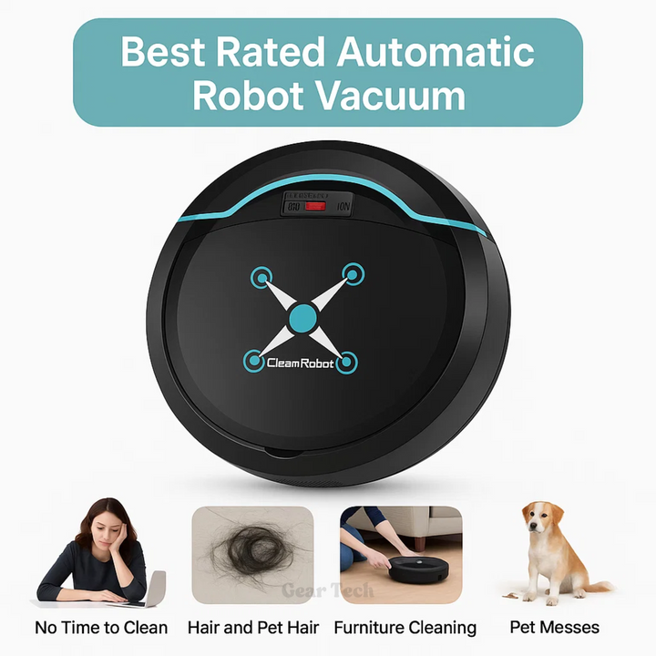 Cordless robotic vacuum cleaner with smart navigation on wooden floor, showcasing three-in-one sweeping, vacuuming, mopping.