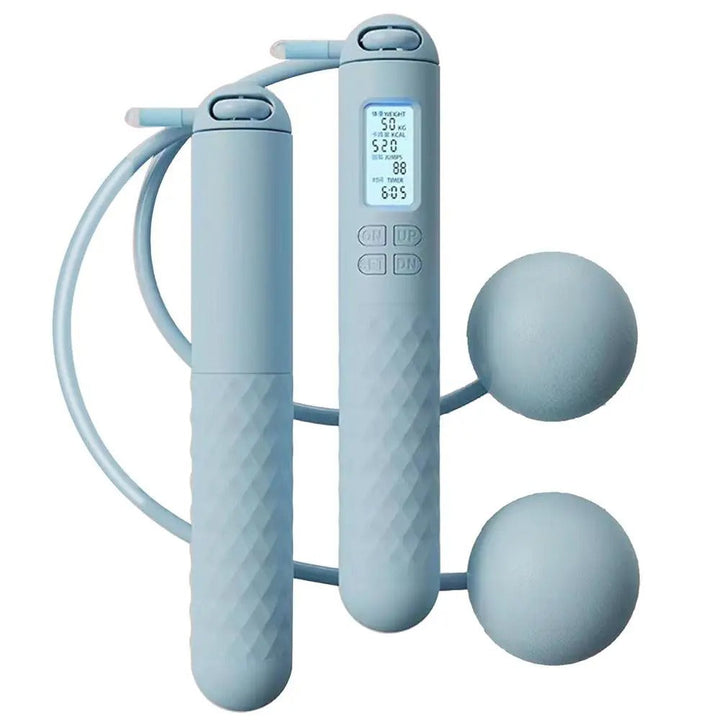 Cordless weighted jump rope with digital counter and ergonomic handles, ideal for effective home workouts in tight spaces.