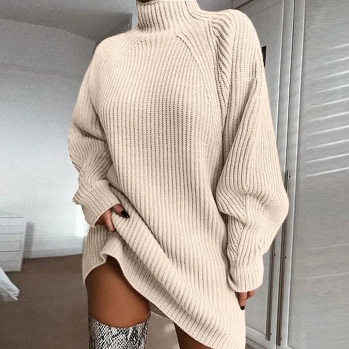 Elegant yet cosy Celeste turtleneck dress, a warm long-sleeve midi for comfortable women's winter wear.