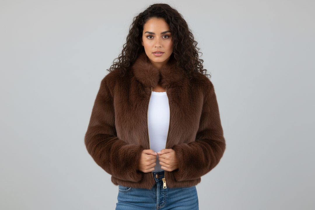 Cozy women's cropped jacket, ideal for winter fashion & autumn style. Perfect layering outerwear.