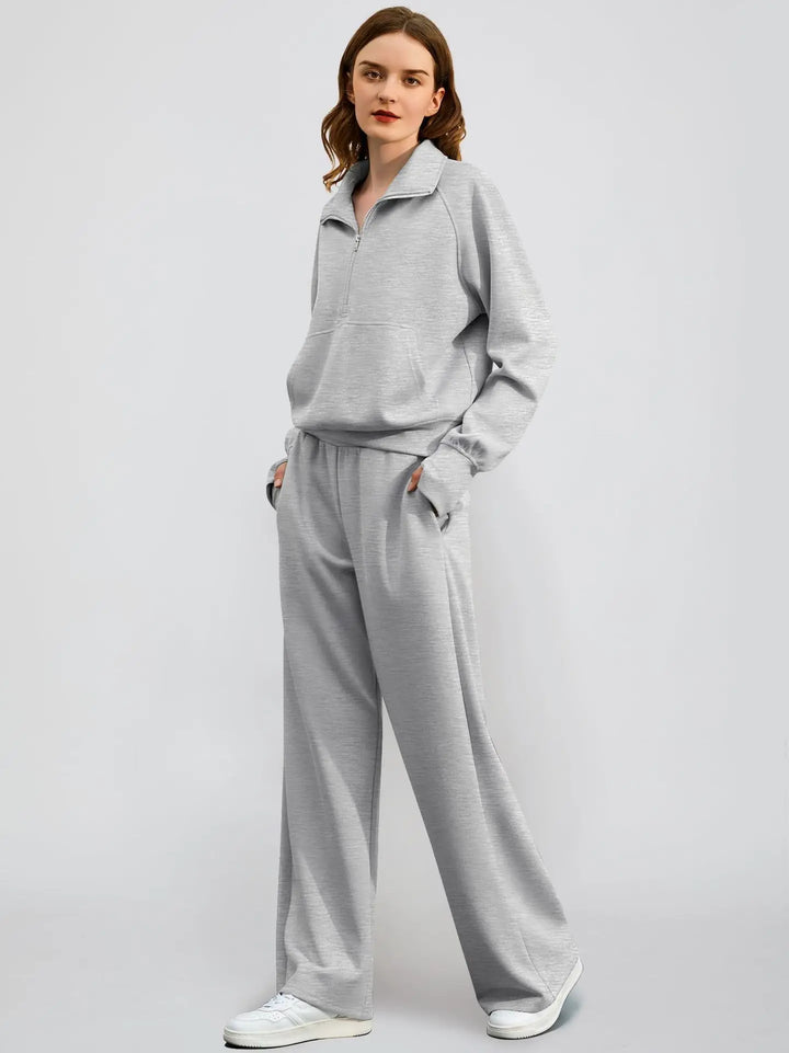 Stylish women's cozy lounge set with a half-zip pullover and flowy wide-leg pants for everyday wear.