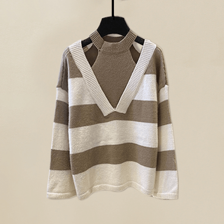 Women's comfortable striped loungewear set. Soft khaki sweater & matching pants for relaxed casual wear.