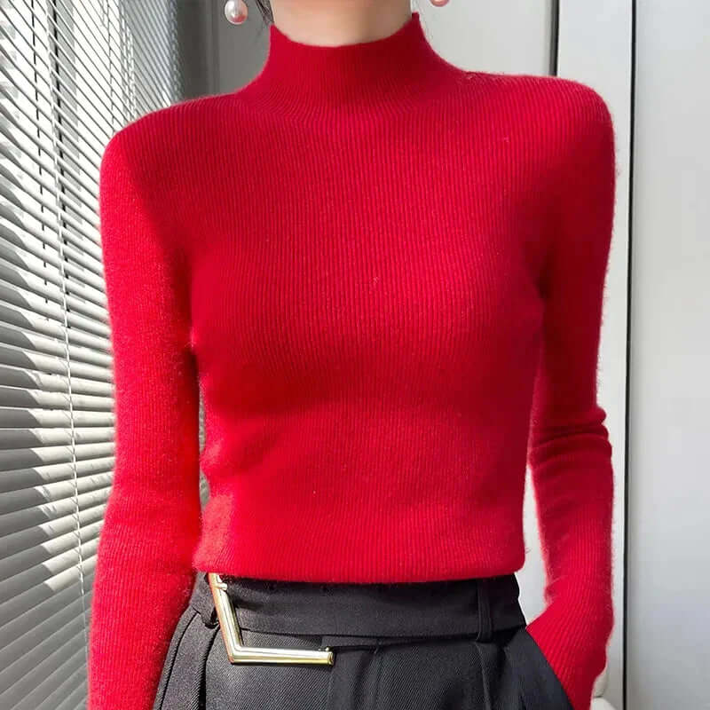 Fall fashion women's knitted half turtleneck sweater in classic navy, versatile & cozy.