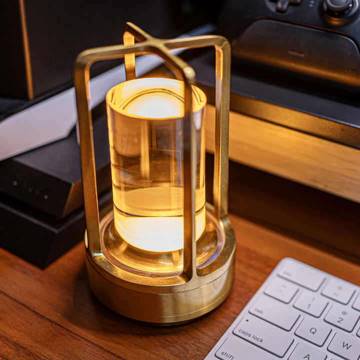"Crystal Lantern LED Wireless Lamp with USB port, crystal glass diffuser, touch control, adjustable color settings, elegant d