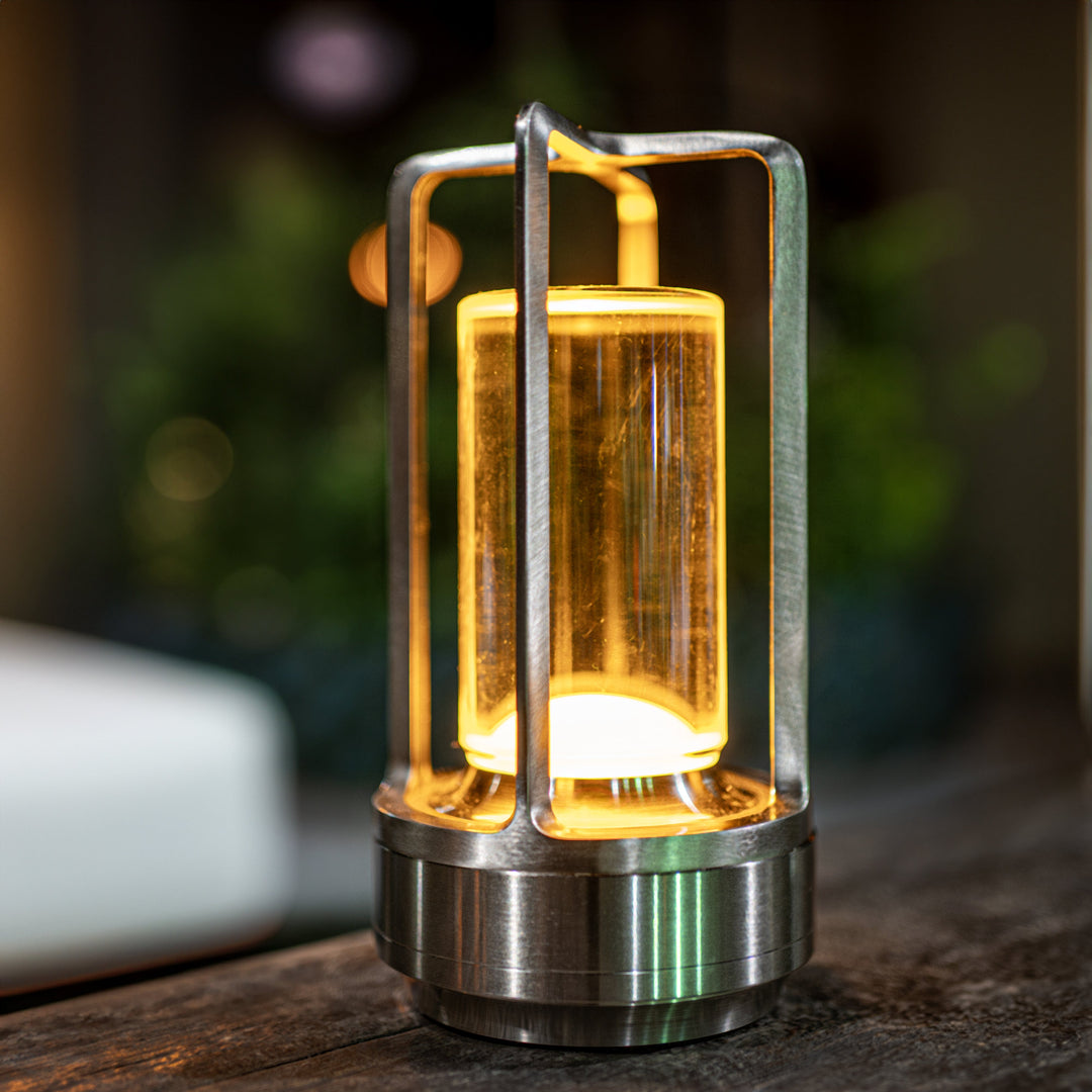 "Crystal Lantern LED Wireless Lamp with USB port, crystal glass diffuser, touch control, adjustable color settings, elegant d